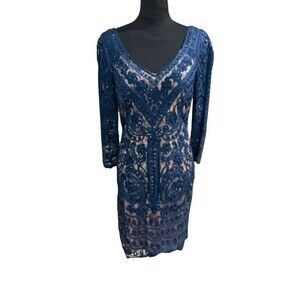 Sue Wong Womens Dress Size 12 Blue Lace Overlay 3/4 Sleeves Sequins Vneck Zipper